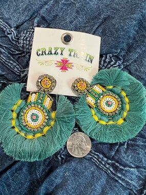 Crazy Train Teal Fringe Beaded Earrings